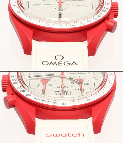 美品 Swatch OMEGA 腕時計 スピードマスター クオーツ ホワイト S033R100 ユニセックス スウォッチ オメガ