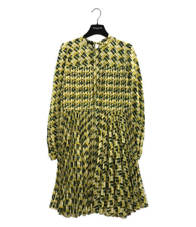 ROCHAS 長袖ワンピース イエロー総柄 総シルク プリーツ レディース SIZE 40 ロシャス