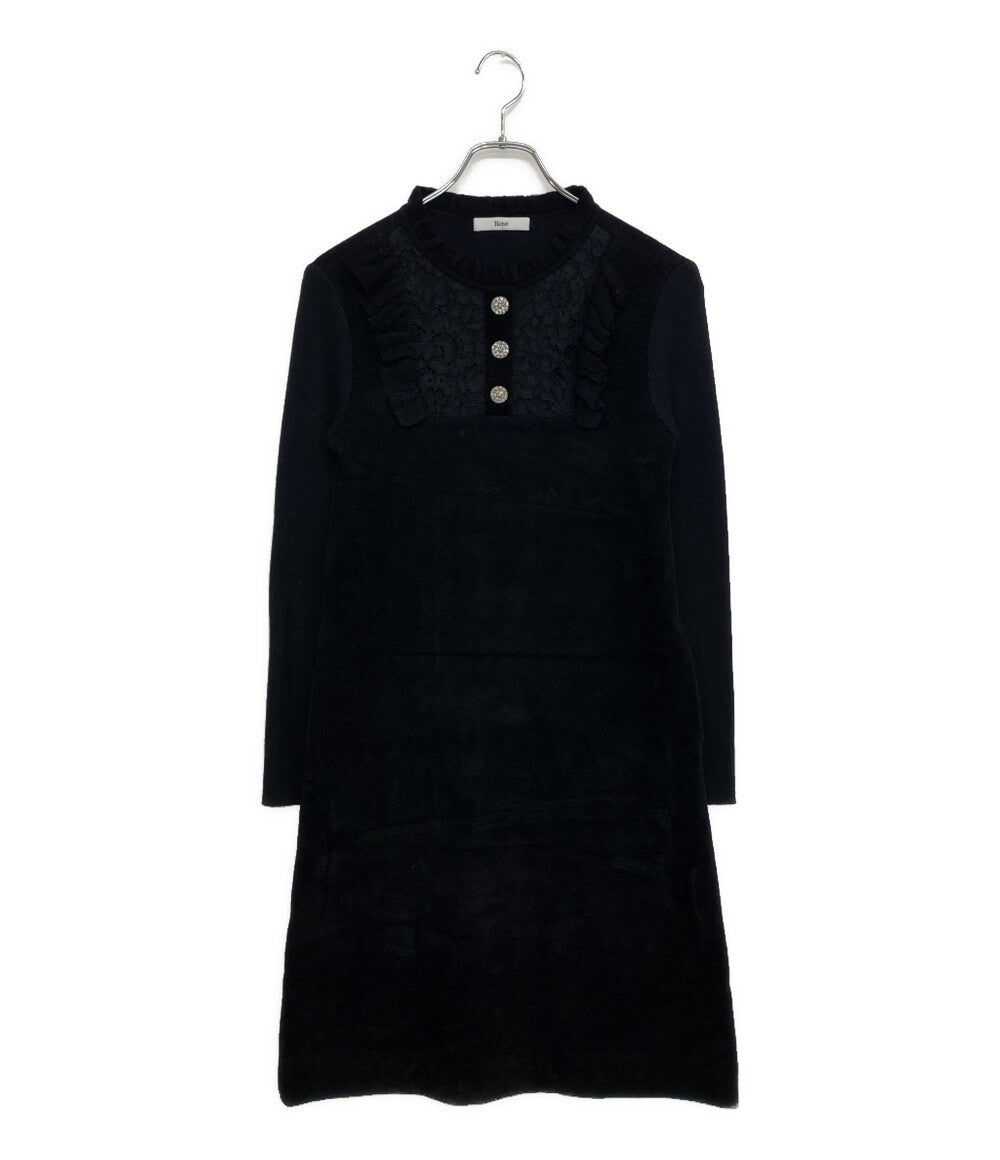 Rene ルネ 長袖ワンピース ブラック ビジュー パイル 6242300 レディース SIZE 34