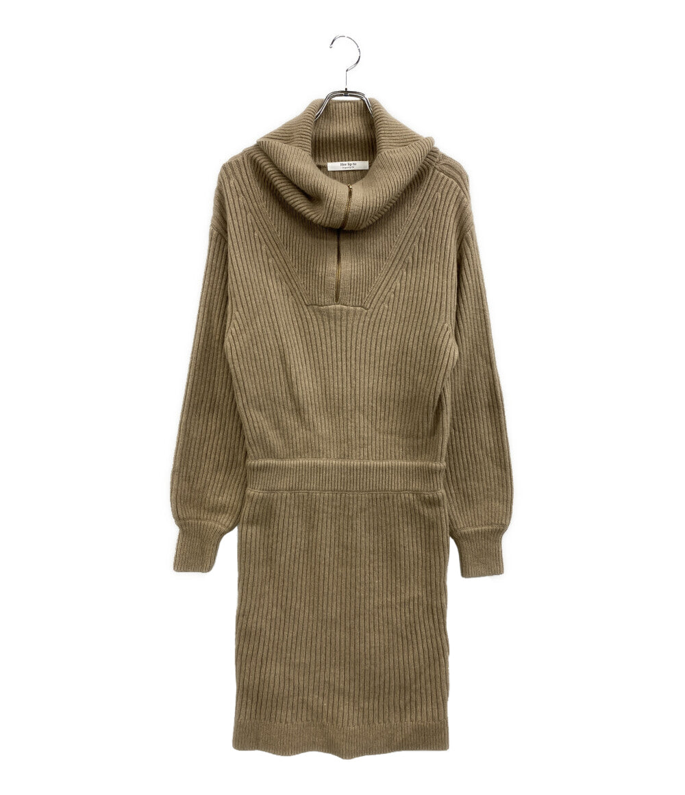 美品 Her lip to 長袖ニットワンピース リブ ベージュ 1234205099 レディース SIZE M ハーリップトゥ