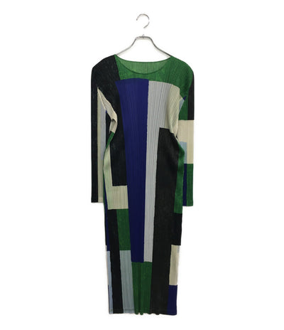 美品 PLEATS PLEASE 長袖ワンピース マルチカラー ブルー グリーン PP13-JH654 レディース SIZE 4 プリーツプリーズ