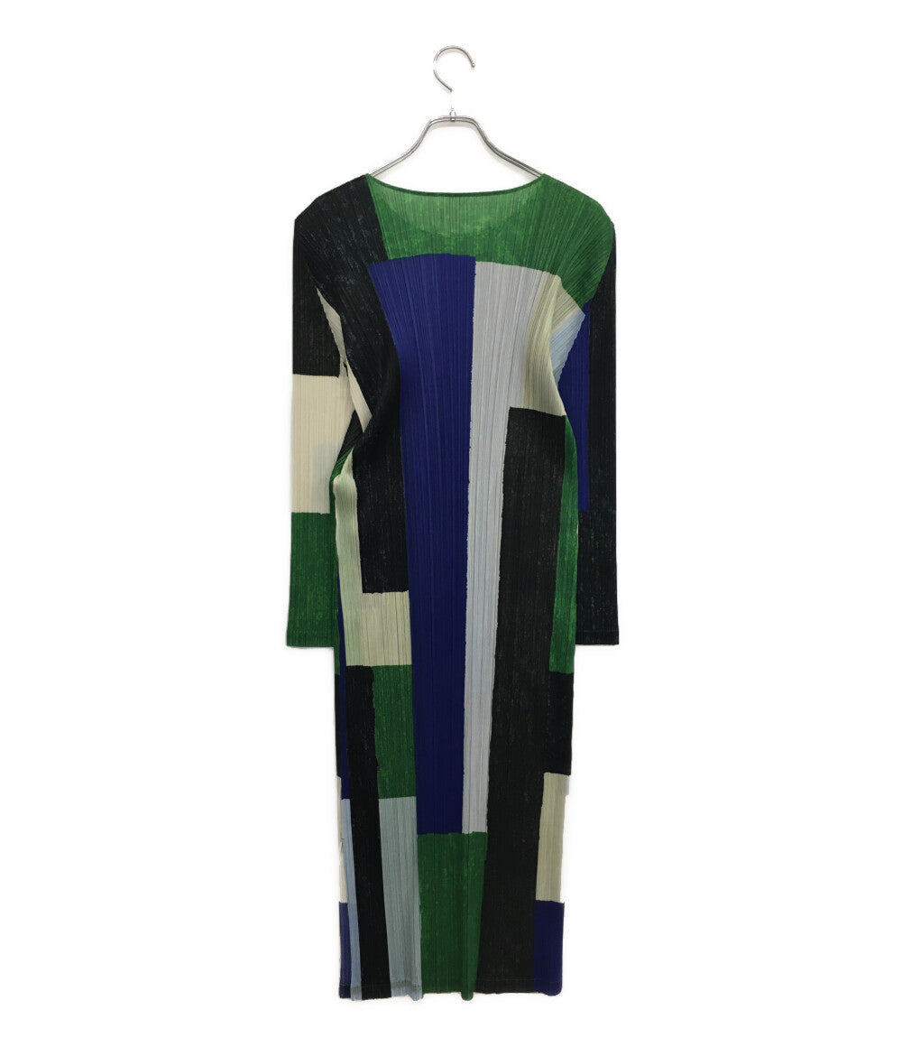 美品 PLEATS PLEASE 長袖ワンピース マルチカラー ブルー グリーン PP13-JH654 レディース SIZE 4 プリーツプリーズ
