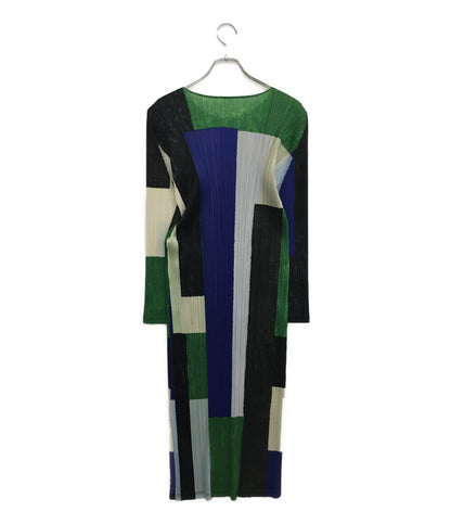 美品 PLEATS PLEASE 長袖ワンピース マルチカラー ブルー グリーン PP13-JH654 レディース SIZE 4 プリーツプリーズ