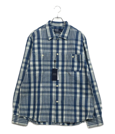美品 RALPH LAUREN 長袖シャツ ワーク チェック リネン混 CLASSIC FIT INDIGO メンズ SIZE L ラルフローレン