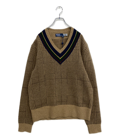 RALPH LAUREN ニット カシミア混 Vネック チルデン ブラウン 柄 メンズ SIZE L ラルフローレン