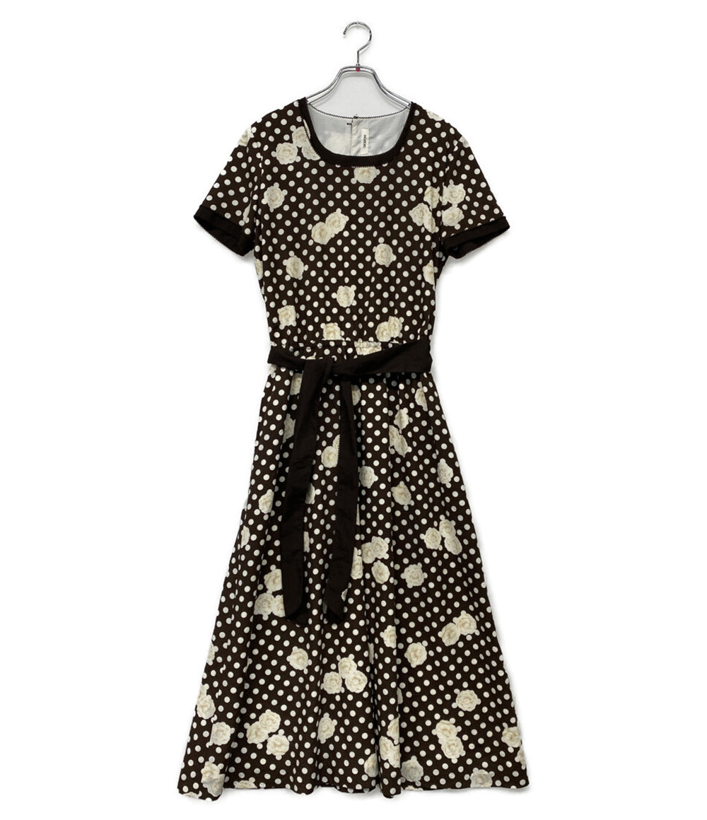INGEBORG 半袖ワンピース ブラウン ドット柄 花柄 レディース SIZE M インゲボルグ