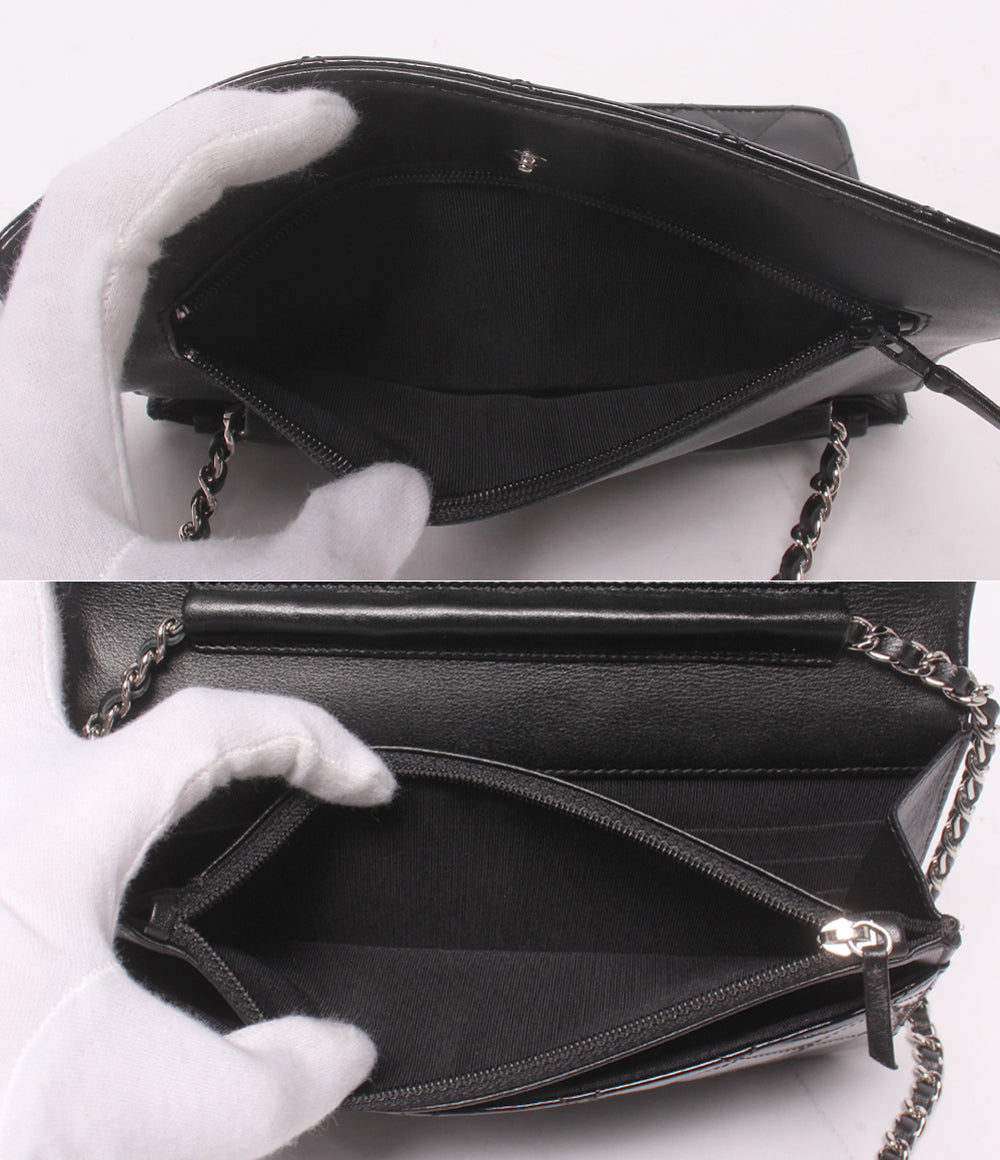 CHANEL チェーンウォレット ショルダーバッグ 斜め掛け シングルチェーン シングルフラップ シルバー金具 17番台 マトラッセ エナメル レディース
