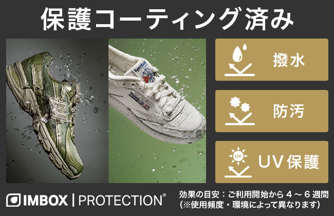 IMBOX PROTECTION 保護コーティング済み（撥水・防汚・UV保護）。効果の目安：ご利用開始から4〜6週間（使用頻度・環境によって異なります）